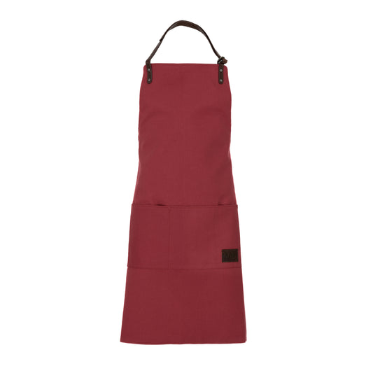 K0015XB | Work Apron in Canvas/Genuine Full Grain Leather, flywheel. Bordeaux/Dark Brown colour. Antique Nickel Accessories. Dimensions: 70 x 90 x 0.5 cm. Packaging: Polybag