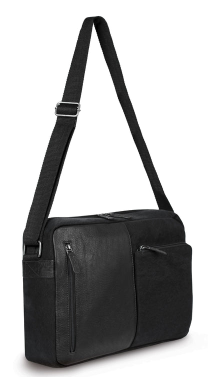 K0022AB | Messenger in Canvas/Genuine Leather, full grain, flywheel - Black colour. Antique Nickel accessories, Top zip closure. Dimensions: 35 x 26 x 10 cm. Packaging: TNT bag