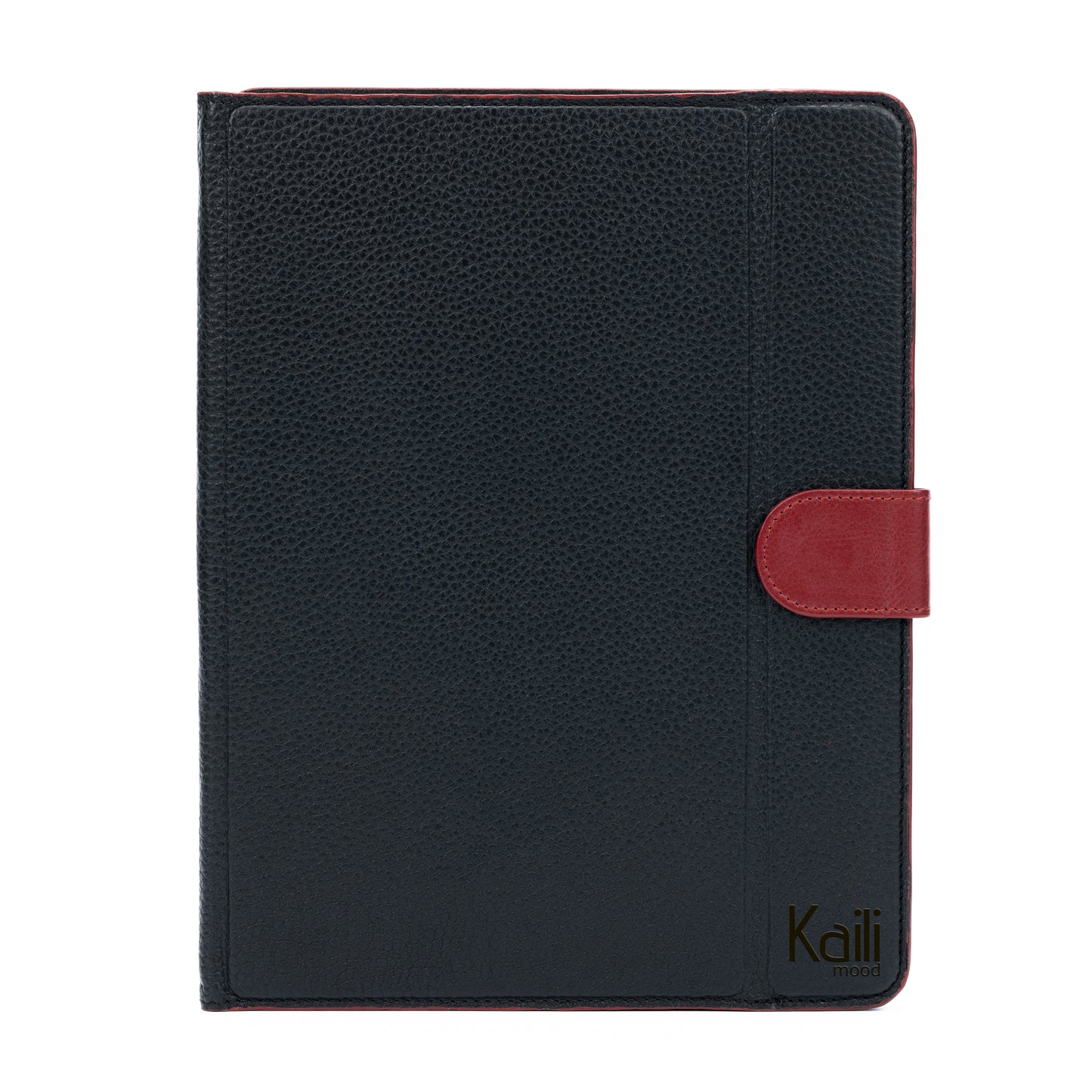 K0033AB | Genuine Leather Tablet Case, full grain, dollar grain. Col.Black with red edges. Contrasting tab closure. Dimensions: 19.5 x 25.2 x 1 cm. Packaging: TNT bag