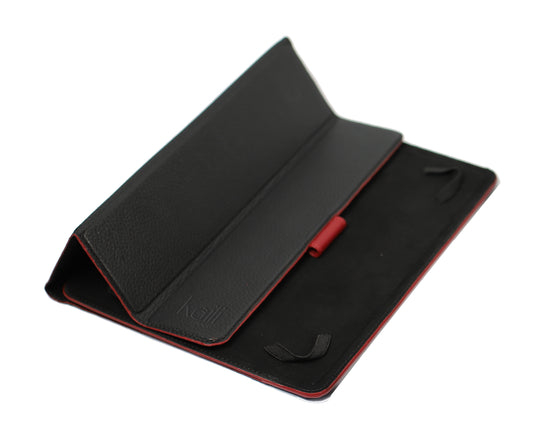 K0033AB | Genuine Leather Tablet Case, full grain, dollar grain. Col.Black with red edges. Contrasting tab closure. Dimensions: 19.5 x 25.2 x 1 cm. Packaging: TNT bag