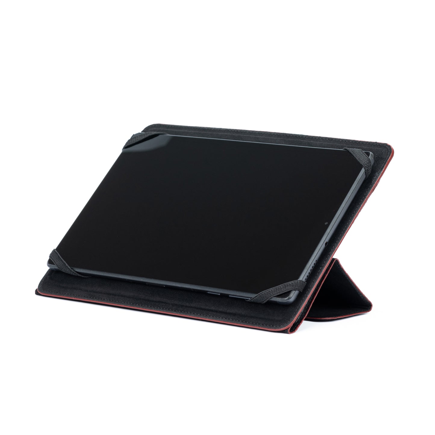 K0033AB | Genuine Leather Tablet Case, full grain, dollar grain. Col.Black with red edges. Contrasting tab closure. Dimensions: 19.5 x 25.2 x 1 cm. Packaging: TNT bag