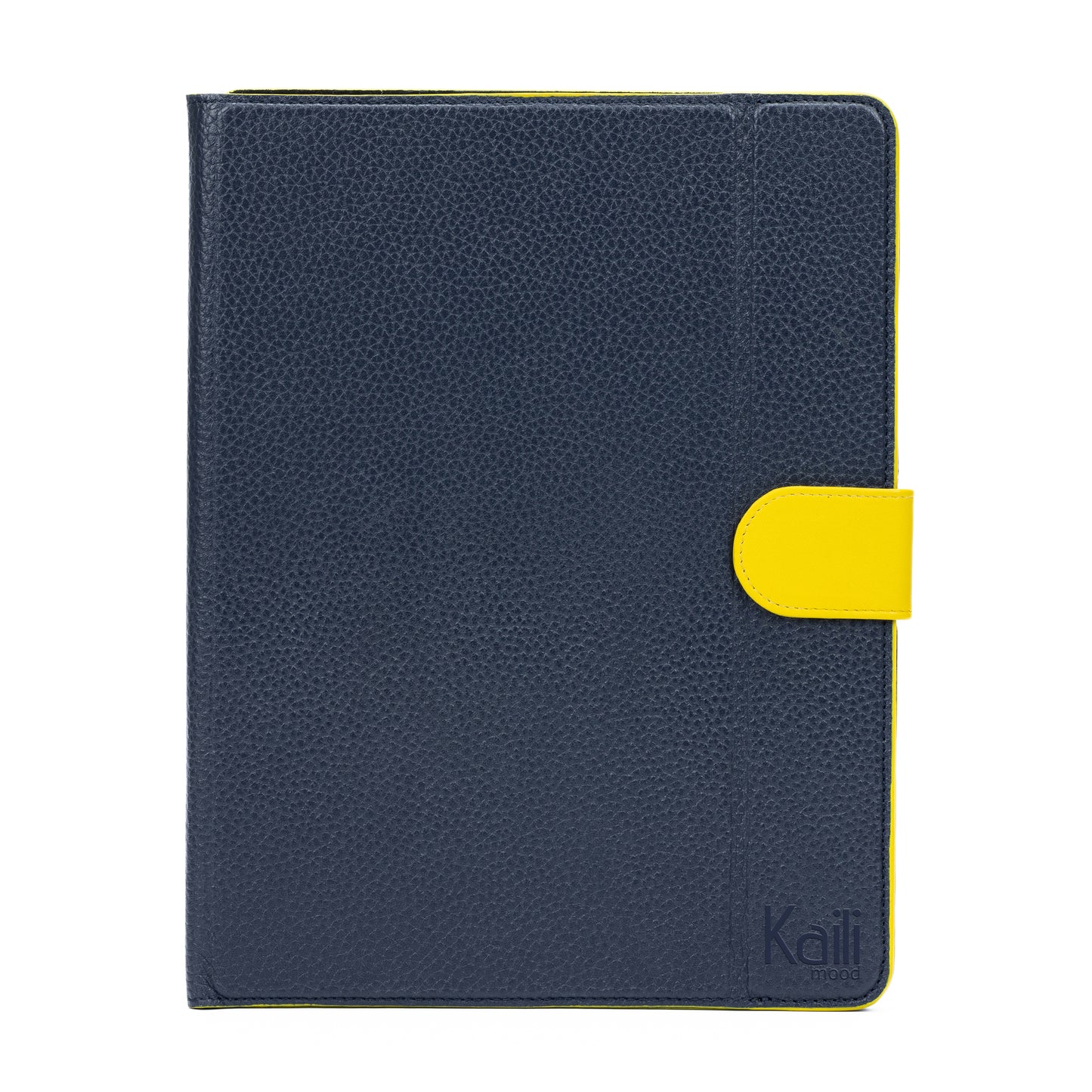 K0033DB | Genuine Leather Tablet Case, full grain, dollar grain. Col.Blue with Yellow edges. Contrasting tab closure. Dimensions: 19.5 x 25.2 x 1 cm. Packaging: TNT bag