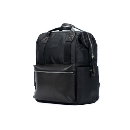 K0037AB | Water-repellent backpack in Waterproof Nylon/Genuine full-grain leather with light grain - Black color - Polished nickel accessories. Dimensions: 27 x 39 x 19 cm - Packaging: TNT bag