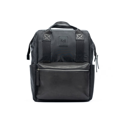 K0037AB | Water-repellent backpack in Waterproof Nylon/Genuine full-grain leather with light grain - Black color - Polished nickel accessories. Dimensions: 27 x 39 x 19 cm - Packaging: TNT bag