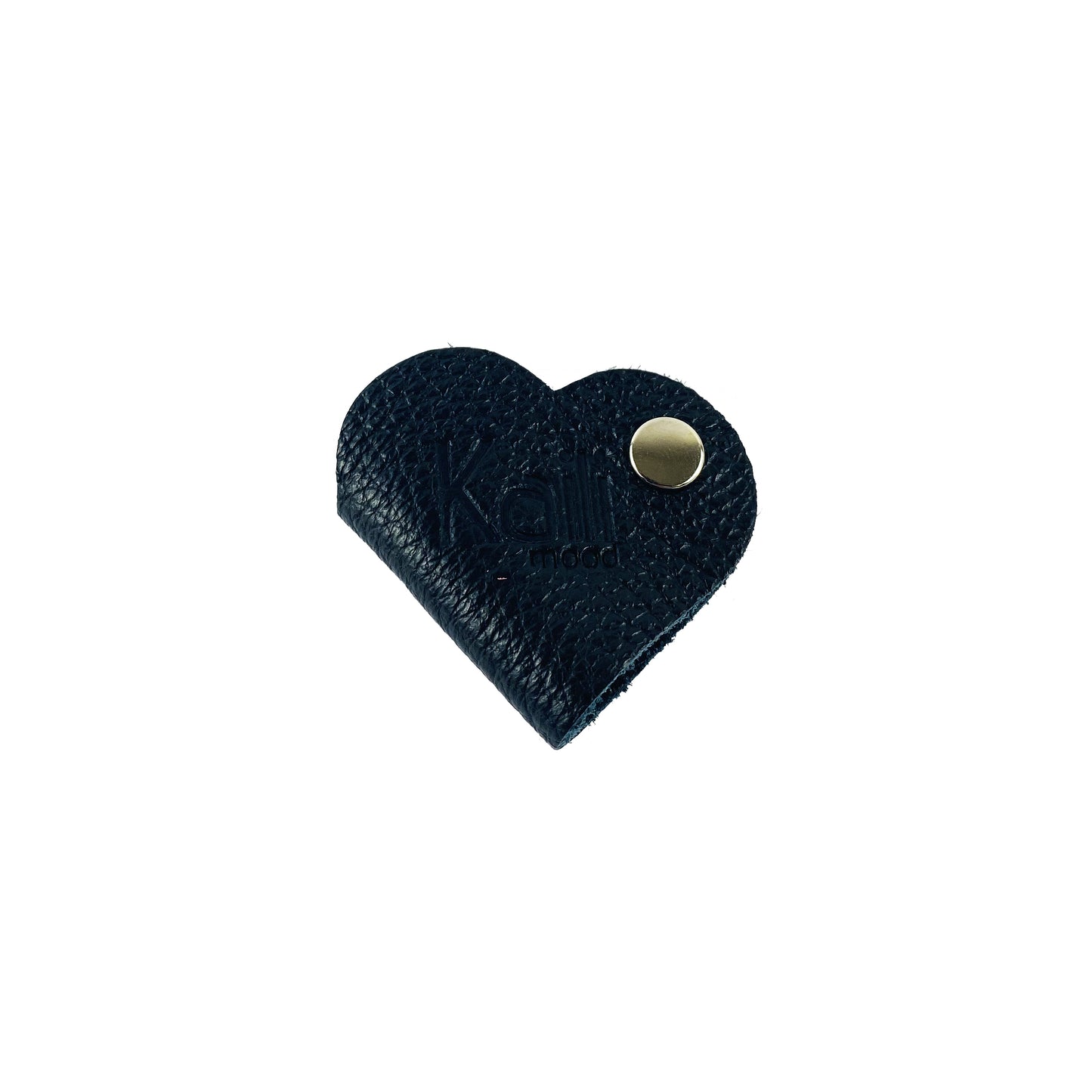 K0039AB | Heart cable winder Made in Italy in genuine full grain leather, dollar grain - Black color - Dimensions: 5 x 8 x 0.5 cm - Packaging: Rigid bottom/lid gift box