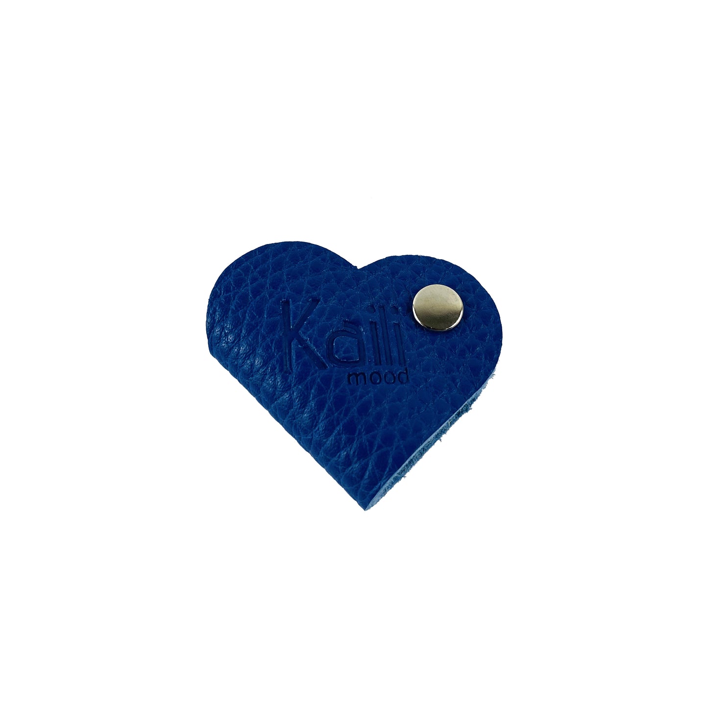 K0039DB | Heart cable winder Made in Italy in genuine full grain leather, dollar grain - Blue color - Dimensions: 5 x 8 x 0.5 cm - Packaging: Rigid bottom/lid gift box