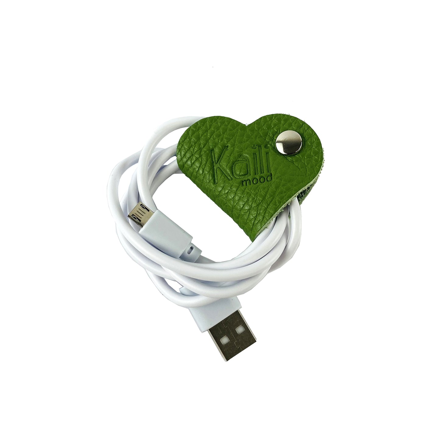 K0039EB | Heart cable winder Made in Italy in genuine full grain leather, dollar grain - Green color - Dimensions: 5 x 8 x 0.5 cm - Packaging: Rigid bottom/lid gift box