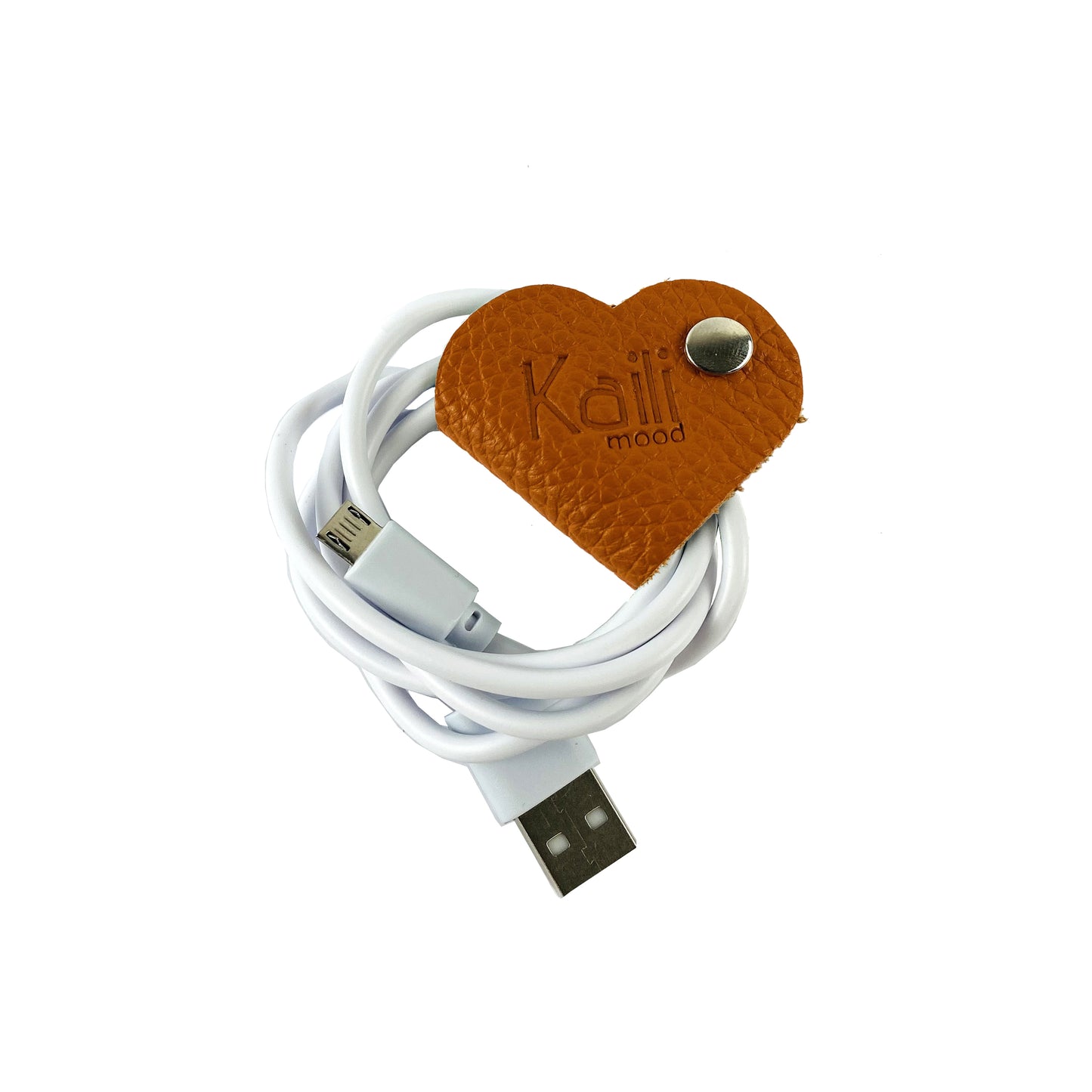 K0039LB | Heart cable winder Made in Italy in genuine full grain leather, dollar grain - Orange color - Dimensions: 5 x 8 x 0.5 cm - Packaging: Rigid bottom/lid gift box