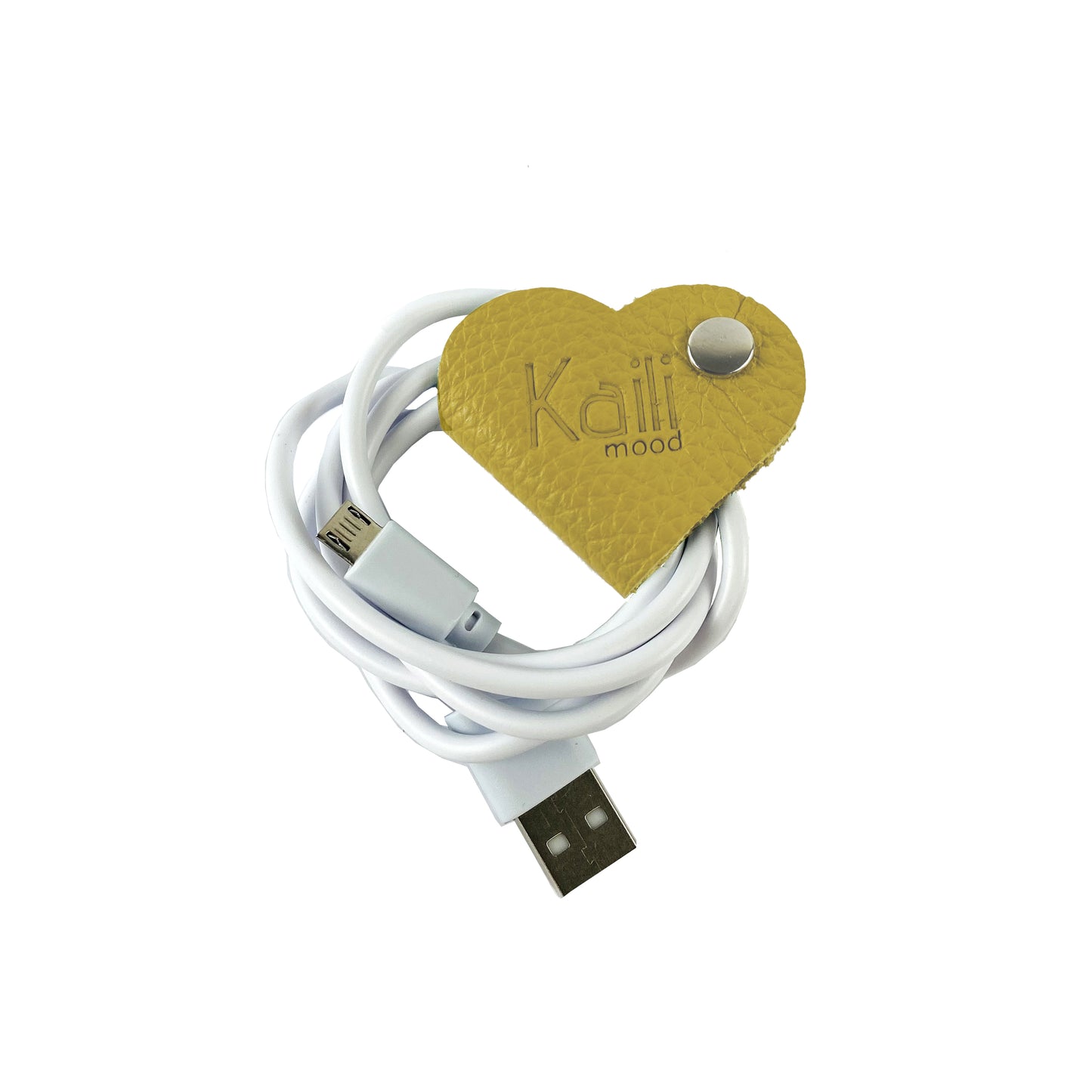 K0039RB | Heart cable winder Made in Italy in genuine full grain leather, dollar grain - Yellow color - Dimensions: 5 x 8 x 0.5 cm - Packaging: Rigid bottom/lid gift box