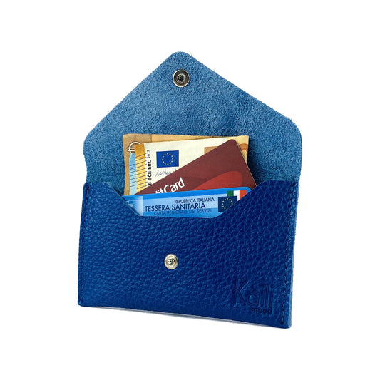 K0040DB | Sachet with flap Made in Italy in genuine full grain leather, dollar grain - Blue color - Dimensions: 13 x 8 x 0.5 cm - Packaging: Rigid bottom/lid gift box