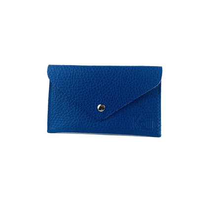 K0040DB | Sachet with flap Made in Italy in genuine full grain leather, dollar grain - Blue color - Dimensions: 13 x 8 x 0.5 cm - Packaging: Rigid bottom/lid gift box