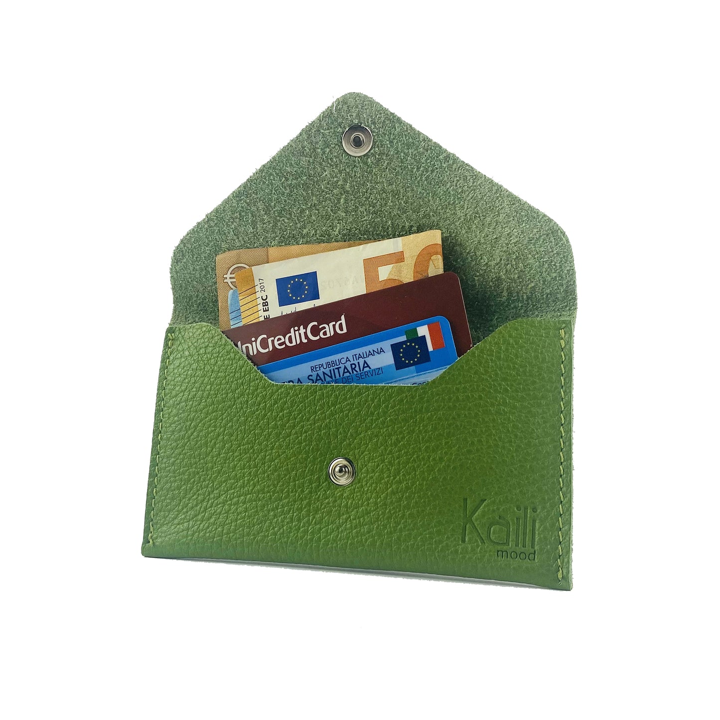 K0040EB | Sachet with flap Made in Italy in genuine full grain leather, dollar grain - Green color - Dimensions: 13 x 8 x 0.5 cm - Packaging: Rigid bottom/lid gift box