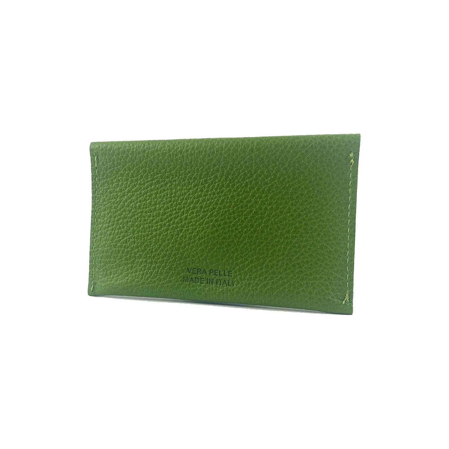 K0040EB | Sachet with flap Made in Italy in genuine full grain leather, dollar grain - Green color - Dimensions: 13 x 8 x 0.5 cm - Packaging: Rigid bottom/lid gift box