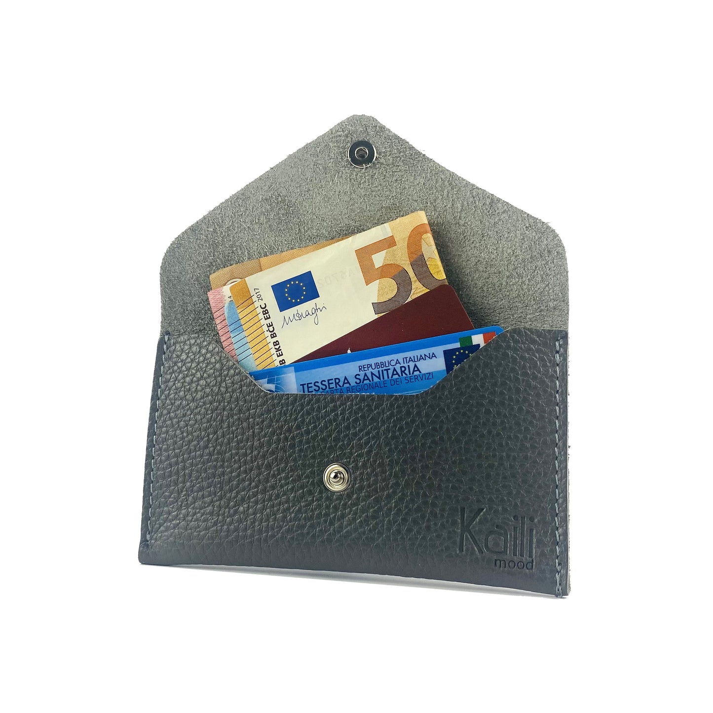 K0040FB | Sachet with flap Made in Italy in genuine full grain leather, dollar grain - Gray color - Dimensions: 13 x 8 x 0.5 cm - Packaging: Rigid bottom/lid gift box