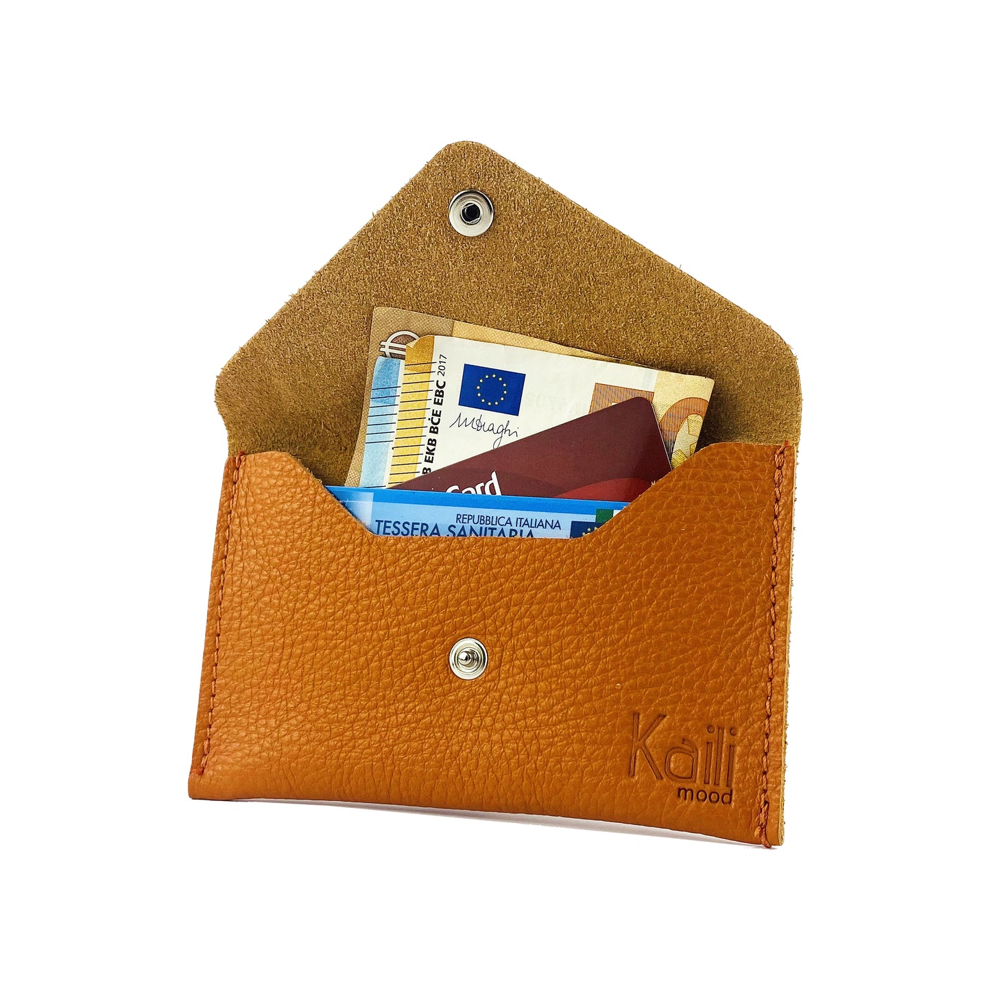 K0040LB | Sachet with flap Made in Italy in genuine full grain leather, dollar grain - Orange color - Dimensions: 13 x 8 x 0.5 cm - Packaging: Rigid bottom/lid gift box