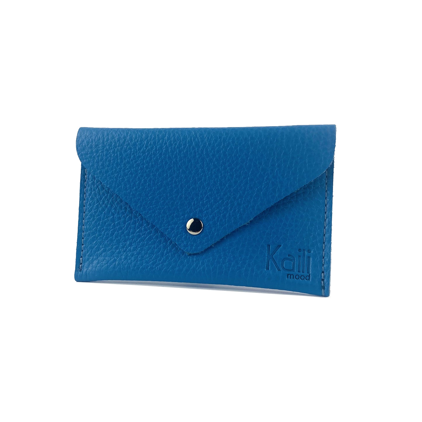 K0040OB | Sachet with flap Made in Italy in genuine full-grain leather, dollar grain - Color light blue - Dimensions: 13 x 8 x 0.5 cm - Packaging: Rigid bottom/lid gift box