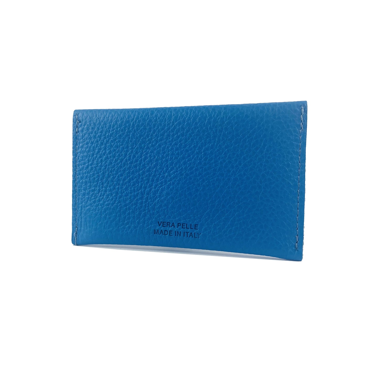 K0040OB | Sachet with flap Made in Italy in genuine full-grain leather, dollar grain - Color light blue - Dimensions: 13 x 8 x 0.5 cm - Packaging: Rigid bottom/lid gift box