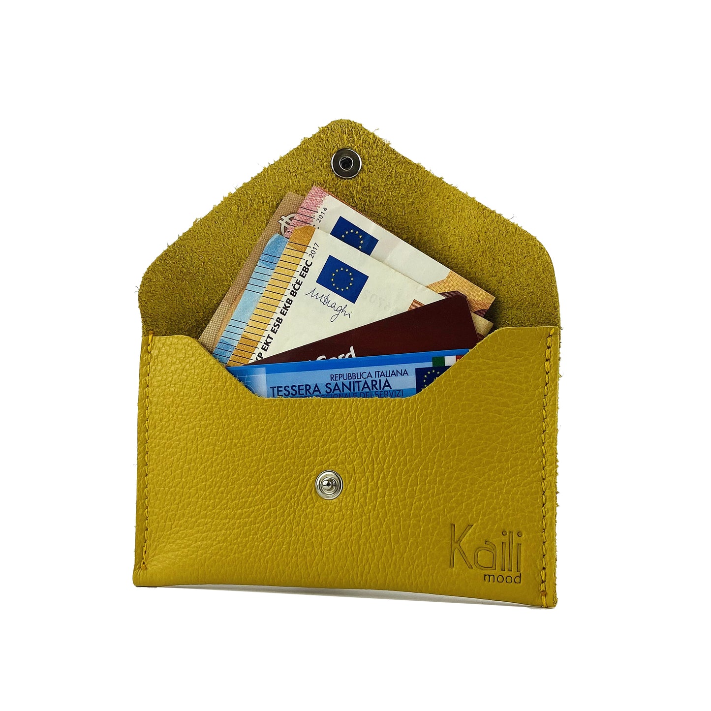 K0040RB | Sachet with flap Made in Italy in genuine full grain leather, dollar grain - Yellow color - Dimensions: 13 x 8 x 0.5 cm - Packaging: Rigid bottom/lid gift box