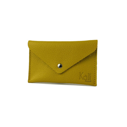 K0040RB | Sachet with flap Made in Italy in genuine full grain leather, dollar grain - Yellow color - Dimensions: 13 x 8 x 0.5 cm - Packaging: Rigid bottom/lid gift box