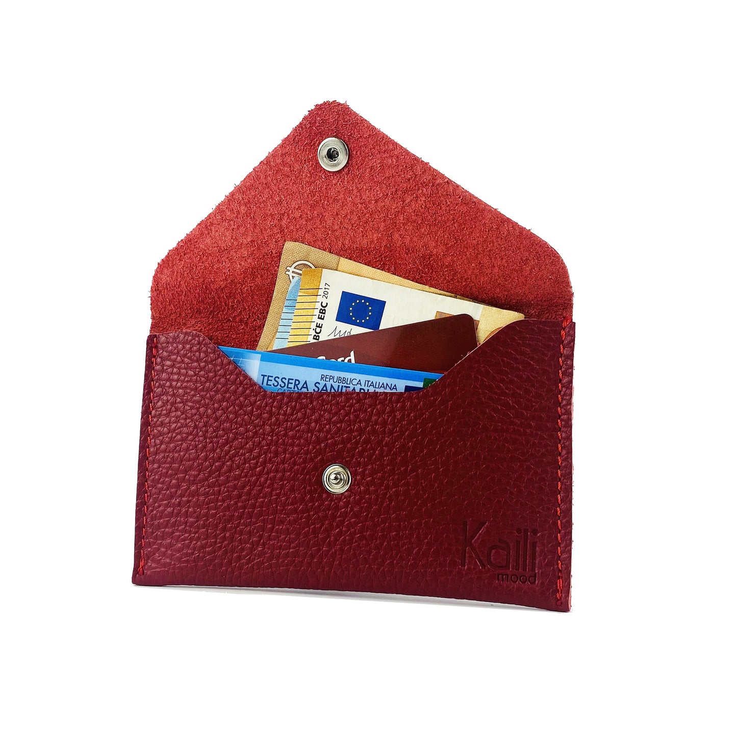 K0040VB | Sachet with flap Made in Italy in genuine full-grain leather, dollar grain - Red color - Dimensions: 13 x 8 x 0.5 cm - Packaging: Rigid bottom/lid gift box