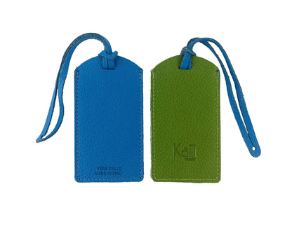 K0041EOB | Two-tone luggage tag Made in Italy in genuine full-grain leather, dollar grain - Green/light blue color - Dimensions: 6.5 x 12 cm - Packaging: Rigid bottom/lid gift box