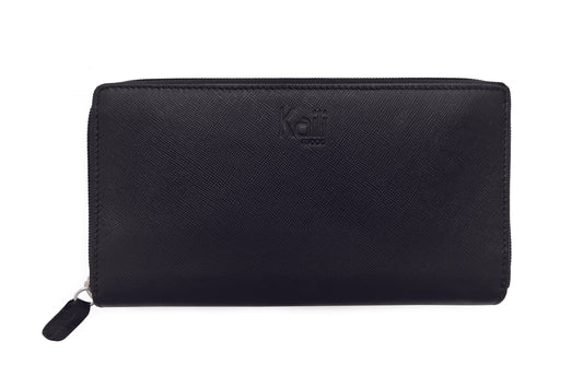 K10838AB | Portafogli Donna in Saffiano Vera Pelle. Colore Nero. 6 slot per carte di credito. Dimensioni da chiuso: cm 18,5 x 10 x 2,5. Confezione: Gift Box rigido fondo/coperchio